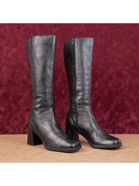 Apostrophe Women Black Leather Vintage Retro 90s Fashion Knee Boots sz 7.5